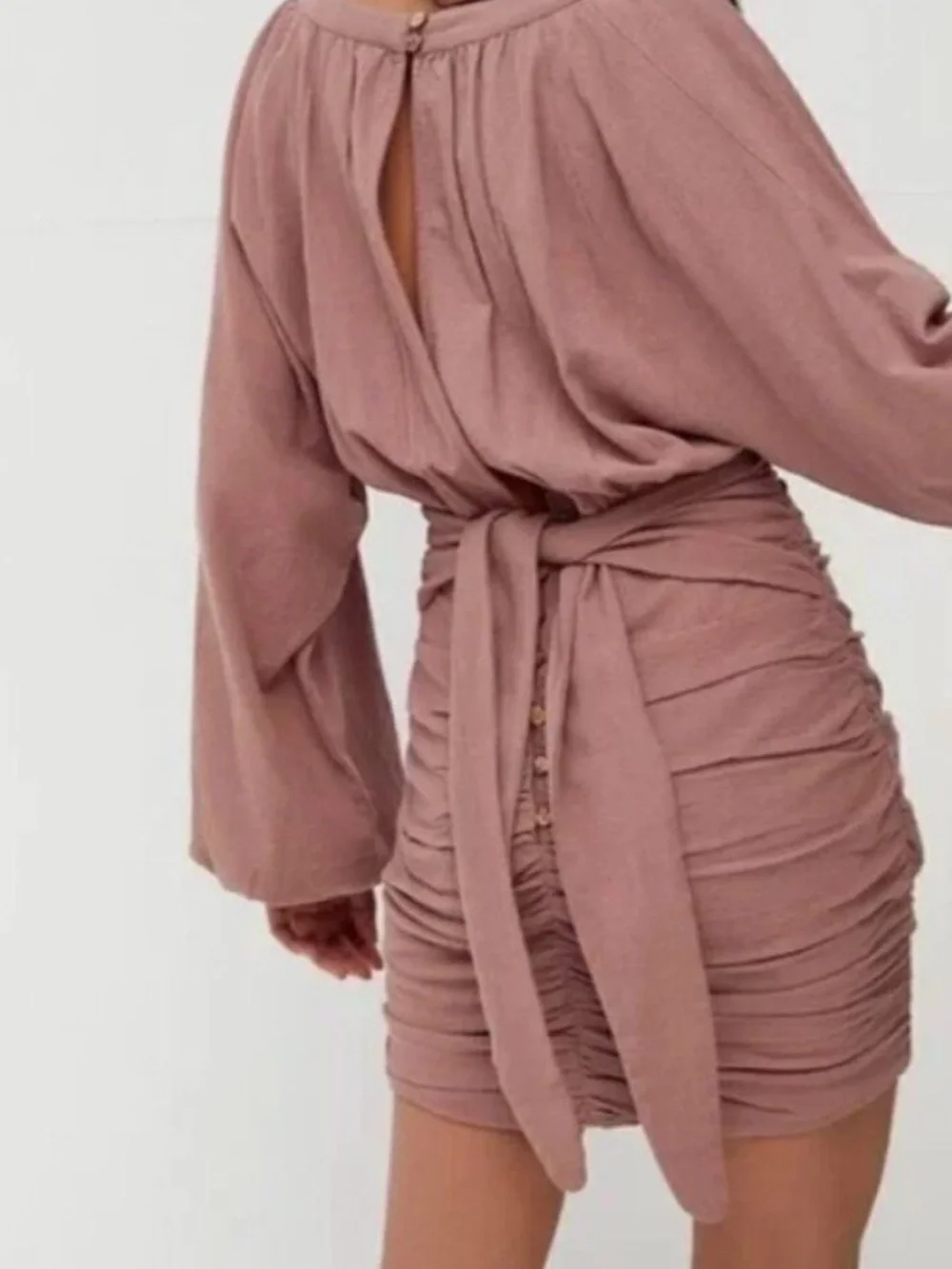 Free People The Only One Mini Dress Cream Gauze Beachy Long Sleeve Tie Waist S